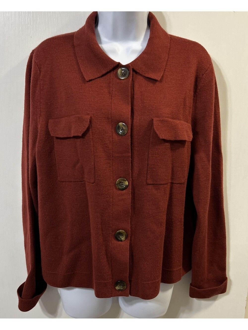 Talbot Button Up L Red Wool Blend Cardigan Long Sleeve Rolled Cuff Layering